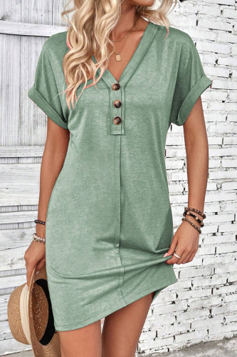 V-neck Off-the-shoulder Rolled Sleeve Solid Color Dress