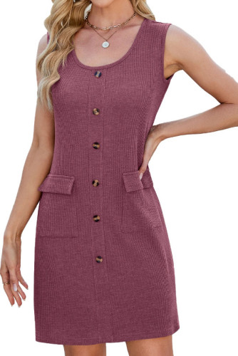 Round Neck Button Pocket Sleeveless Dress