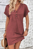 V-neck Off-the-shoulder Rolled Sleeve Solid Color Dress