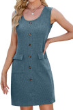 Round Neck Button Pocket Sleeveless Dress