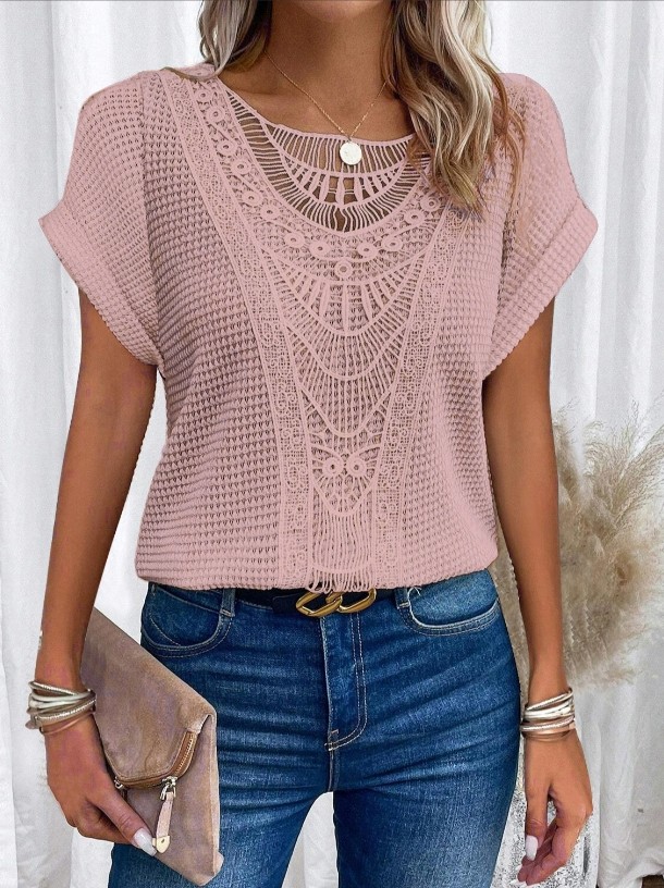 Solid Color Hollow Knit Short Sleeved T-Shirt