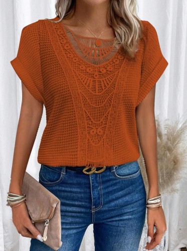 Solid Color Hollow Knit Short Sleeved T-Shirt