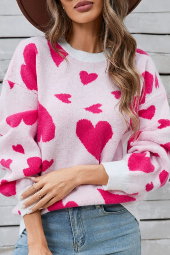 Winter Peach Heart Printed Long Sleeved Sweater
