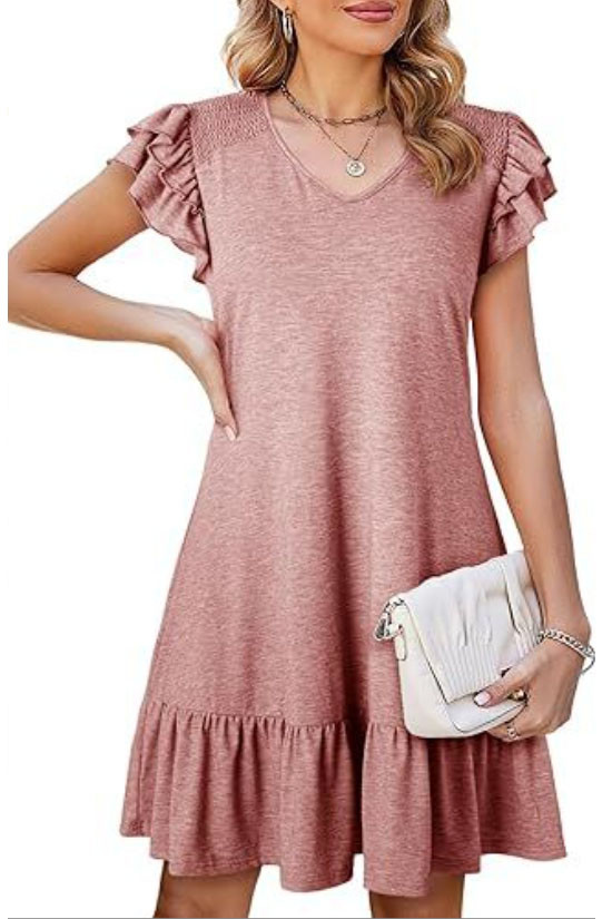 V-Neck Lotus Leaf Short Sleeved Dress