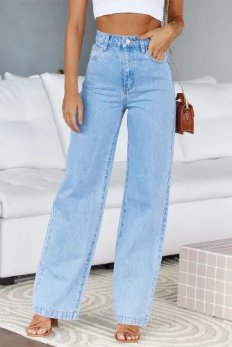 Elastic Wide Leg Pants Washed Denim Jeans