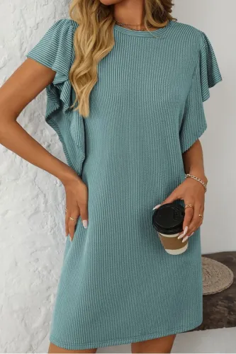 Twisted Stripe Ruffle Sleeve Round Neck Mini Dress