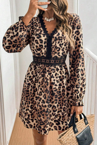 V-Neck Leopard Print Long Sleeved Lace Dress