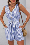 V-Neck Sleeveless Striped Jumpsuit Shorts