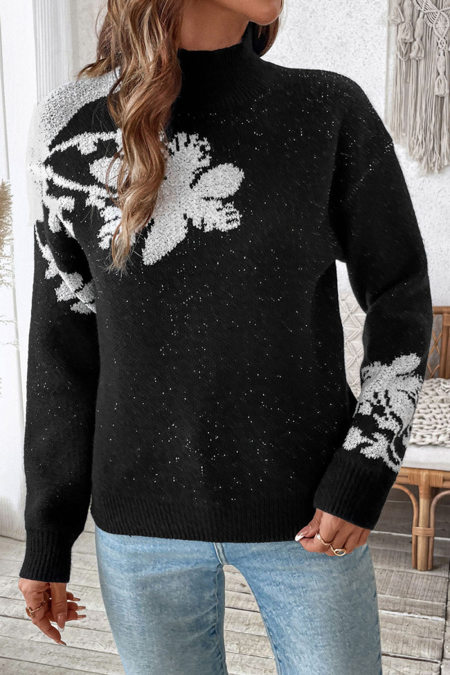 High Neck Flower Patterned Jacquard Sweater