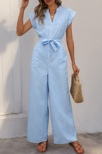 Summer V-Neck Blue Striped Jumpsuit