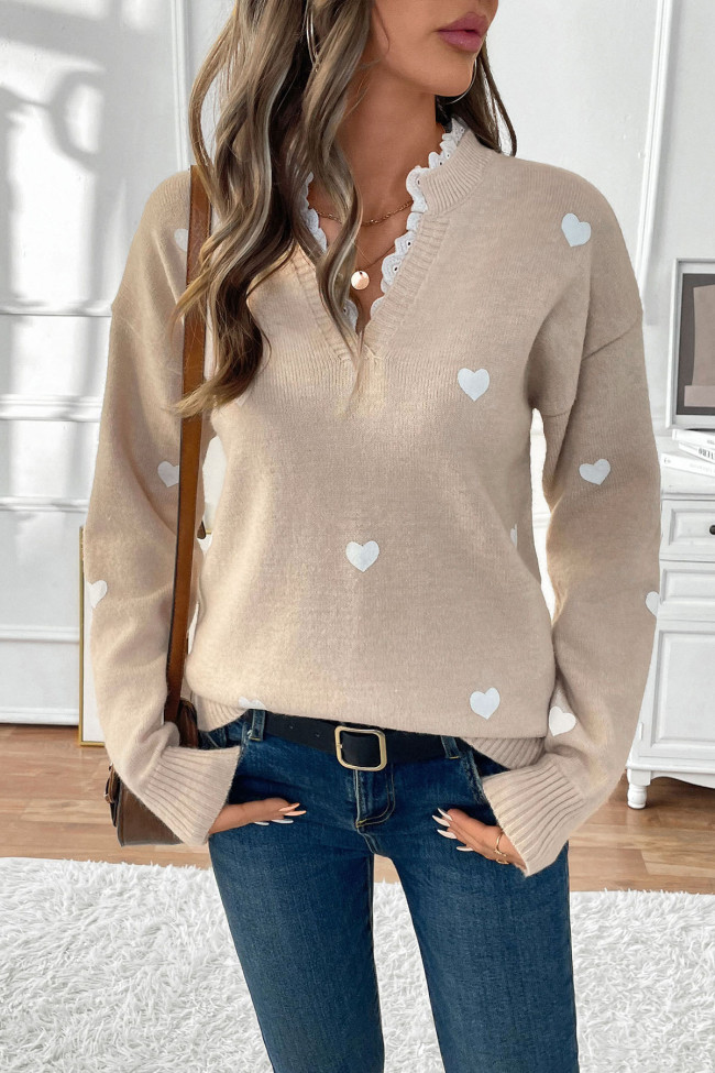 Valentine's Day V-Neck Heart Printed Sweater