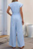 Summer V-Neck Blue Striped Jumpsuit