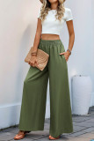 Elastic Waist Casual Green Wide Leg Pants