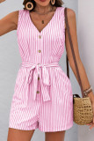 V-Neck Sleeveless Striped Jumpsuit Shorts