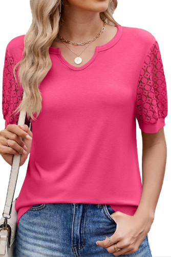 Solid Color V-Neck Lace Short Sleeved T-Shirt