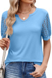 Solid Color V-Neck Lace Short Sleeved T-Shirt