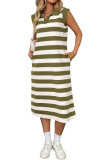 Striped Pocket Lapel Sleeveless Dress