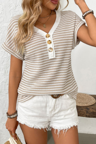 Knitted V-Neck Button Short Sleeved Shirt