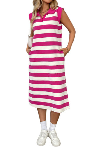Striped Pocket Lapel Sleeveless Dress