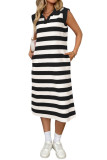 Striped Pocket Lapel Sleeveless Dress