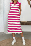 Striped Pocket Lapel Sleeveless Dress