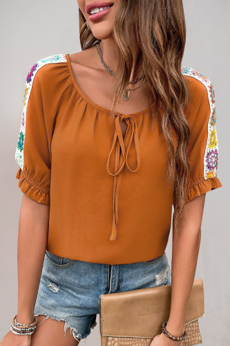 Casual Short Sleeved Printed Lace Up Shirt