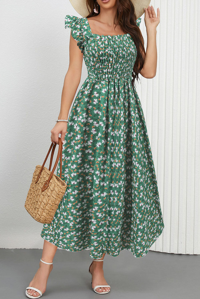 Flying Sleeve Printed Square Neck Dress