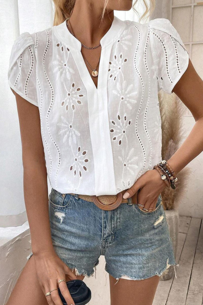 Hollow Lace V-Neck Short Sleeved Shirt