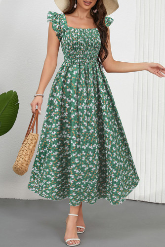 Flying Sleeve Printed Square Neck Dress