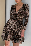 V-Neck Long Sleeved Leopard Print Dress
