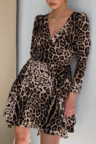 V-Neck Long Sleeved Leopard Print Dress