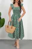 Flying Sleeve Printed Square Neck Dress