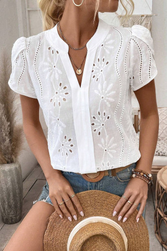Hollow Lace V-Neck Short Sleeved Shirt