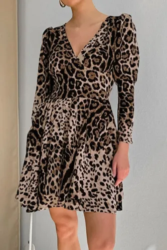 V-Neck Long Sleeved Leopard Print Dress
