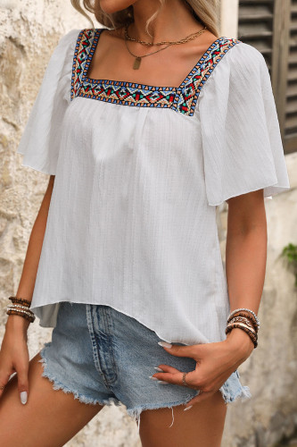 Embroidered Square Neck Lotus Leaf Short Sleeved Shirt