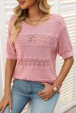 Round Neck Hollow Out Short Sleeved Knitted Sweater Shirt