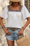 Embroidered Square Neck Lotus Leaf Short Sleeved Shirt