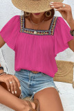 Embroidered Square Neck Lotus Leaf Short Sleeved Shirt
