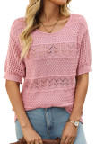 Round Neck Hollow Out Short Sleeved Knitted Sweater Shirt