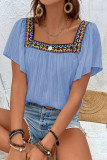 Embroidered Square Neck Lotus Leaf Short Sleeved Shirt