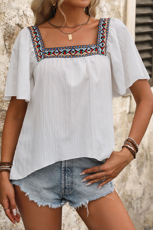 Embroidered Square Neck Lotus Leaf Short Sleeved Shirt