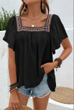 Embroidered Square Neck Lotus Leaf Short Sleeved Shirt