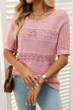 Round Neck Hollow Out Short Sleeved Knitted Sweater Shirt
