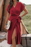 Solid Color Slit Short Sleeved Dress