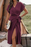 Solid Color Slit Short Sleeved Dress