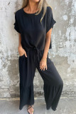 Solid Color Cotton Linen Short Sleeved Two-Piece Set
