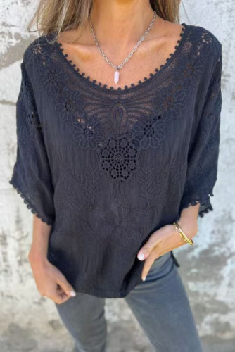 Large Size Loose Hollowed Out Embroidered Shirt