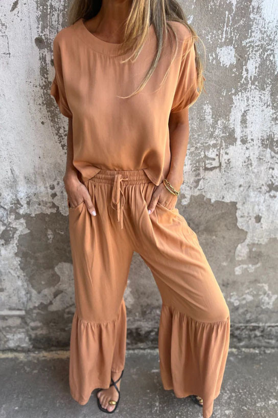 Solid Color Cotton Linen Short Sleeved Two-Piece Set