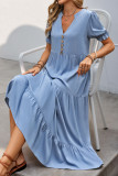 V-Neck Solid Color Short Sleeved Cake Dress