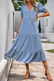 V-Neck Solid Color Short Sleeved Cake Dress
